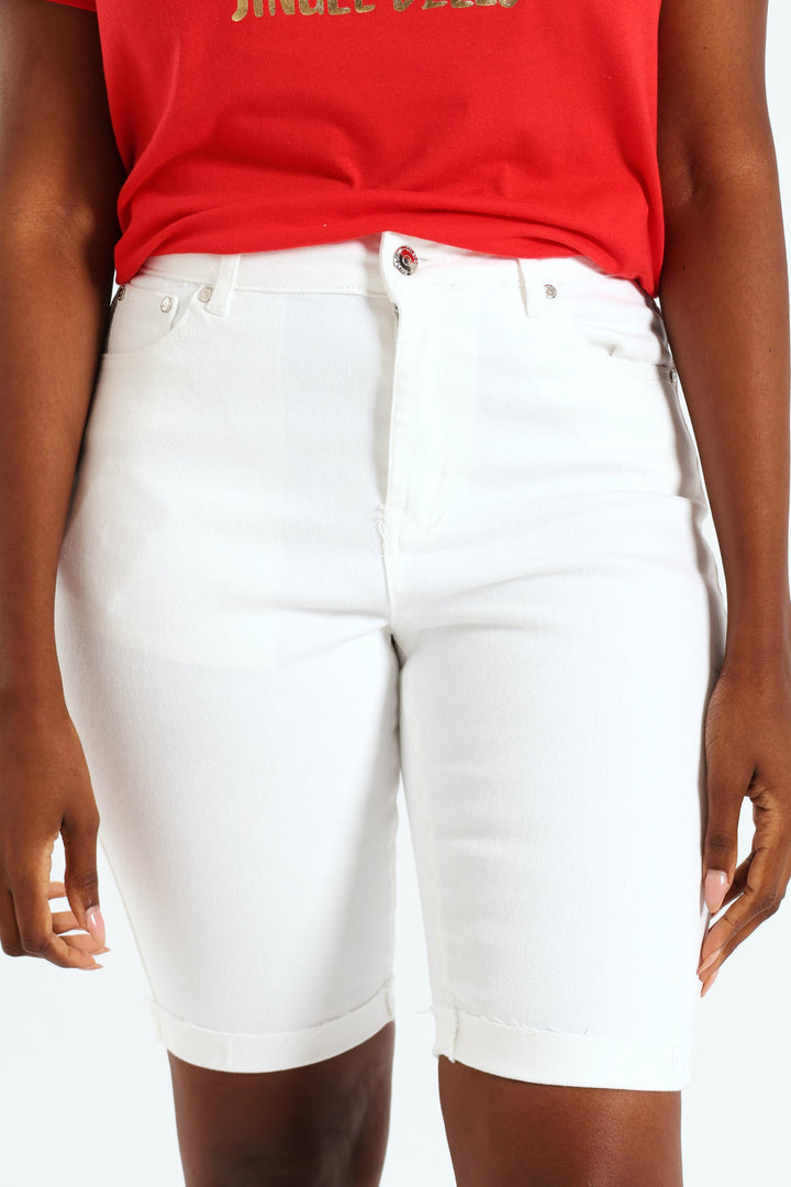 Roll Hem Classic Denim Bermuda Shorts - White