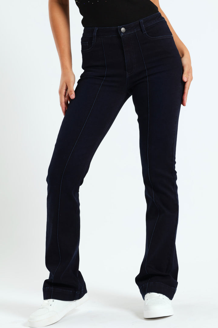 Pintuck Detail Mid Waist Bootleg Jean - Blue/Black