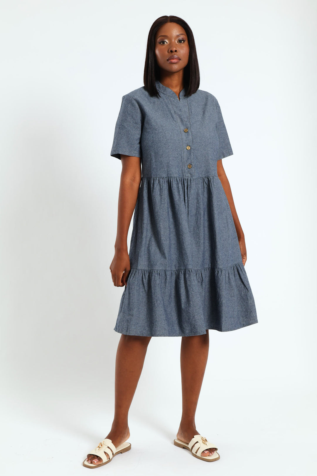 Frill Tiered Shirt Dress - Blue