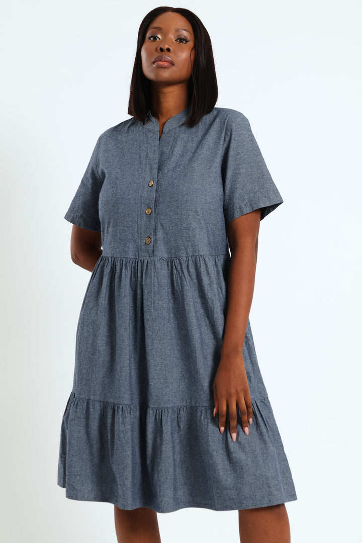 Frill Tiered Shirt Dress - Blue