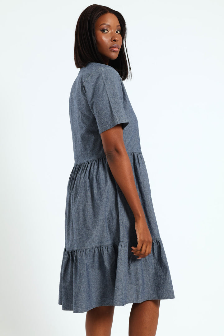 Frill Tiered Shirt Dress - Blue