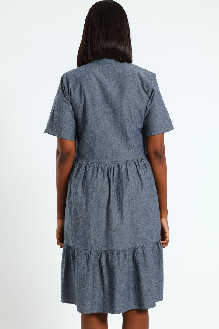 Frill Tiered Shirt Dress - Blue