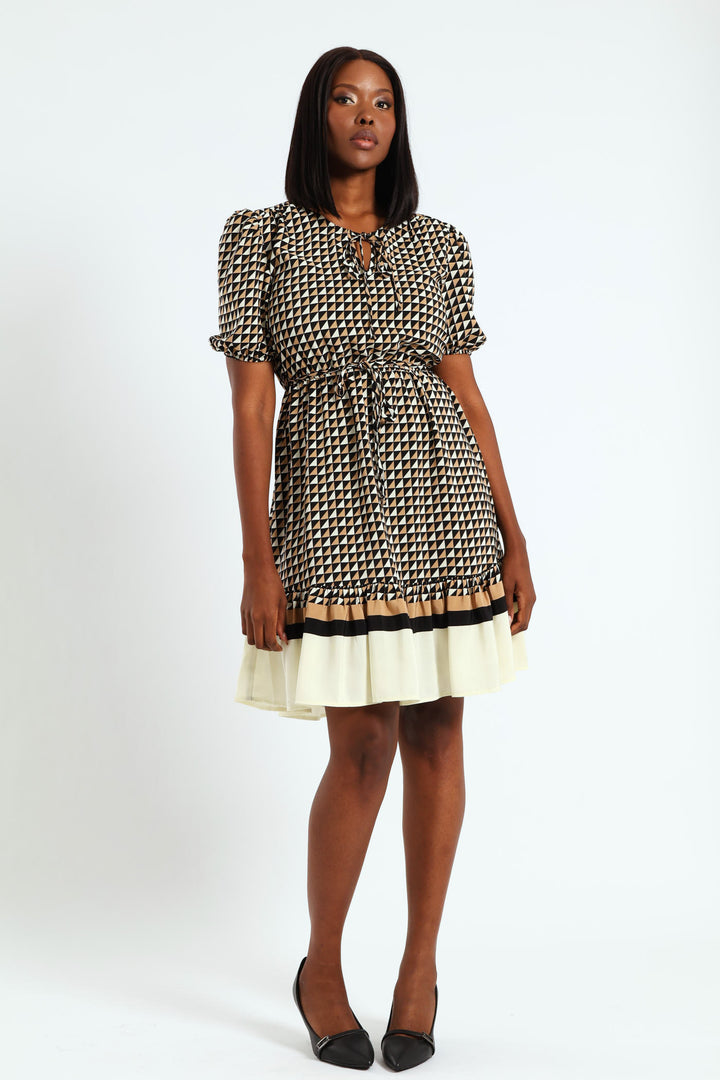 Tie Up Puff Sleeve Tea Dress - Black/Cream