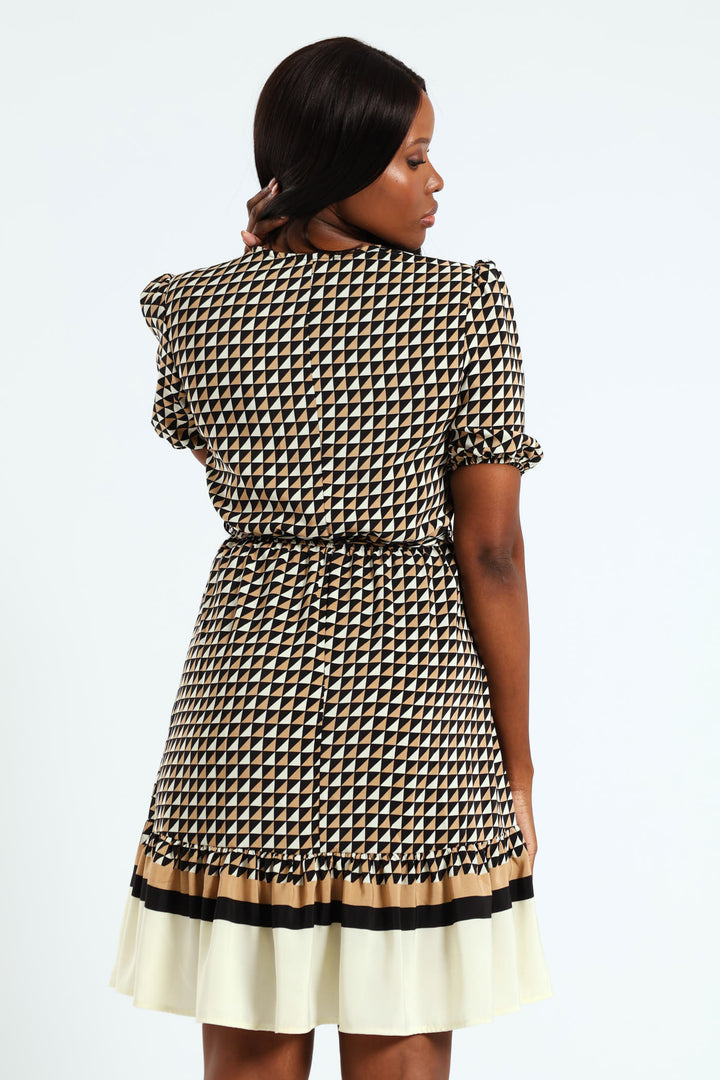 Tie Up Puff Sleeve Tea Dress - Black/Cream