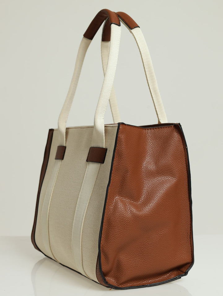 Colour Block Canvas Tote Bag - Tan