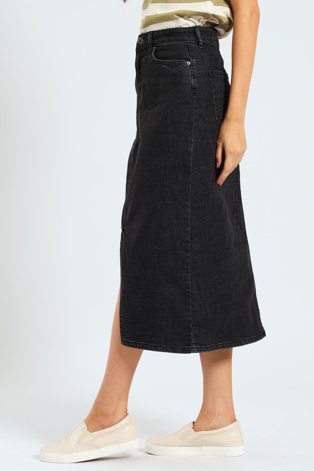 Classic Front Slit Denim Midi Skirt - Charcoal