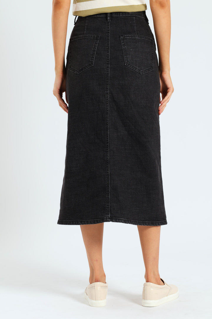 Classic Front Slit Denim Midi Skirt - Charcoal