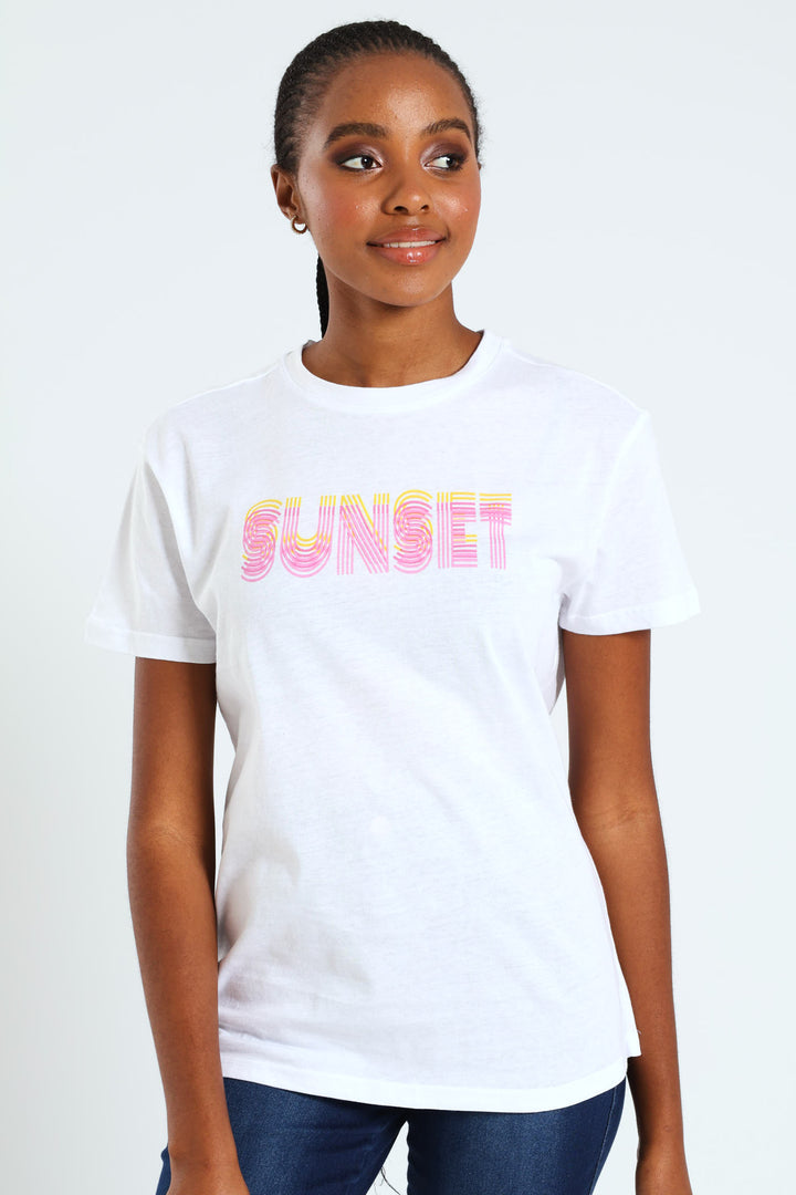 Short Sleeve Sunset Retro Glitter Tee - White