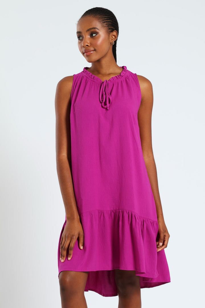 Frill Neck Drop Hem Dress - Fuchsia Purple