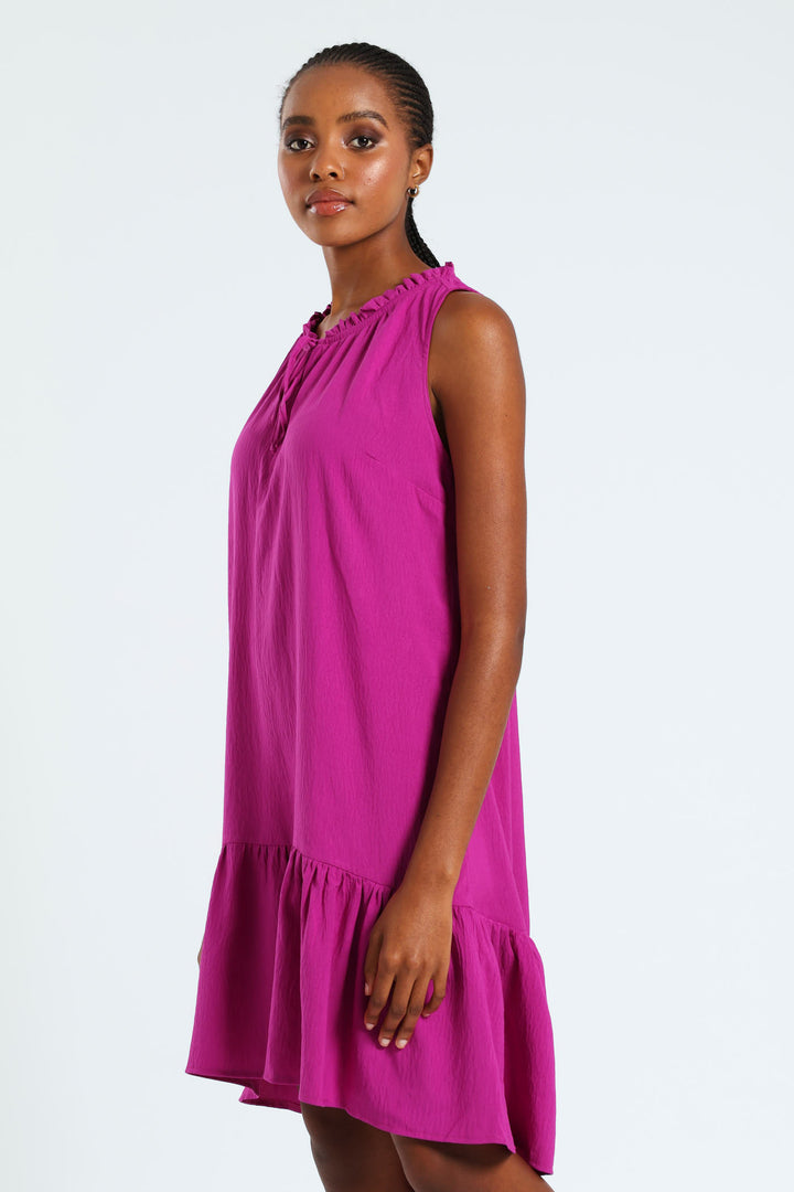 Frill Neck Drop Hem Dress - Fuchsia Purple