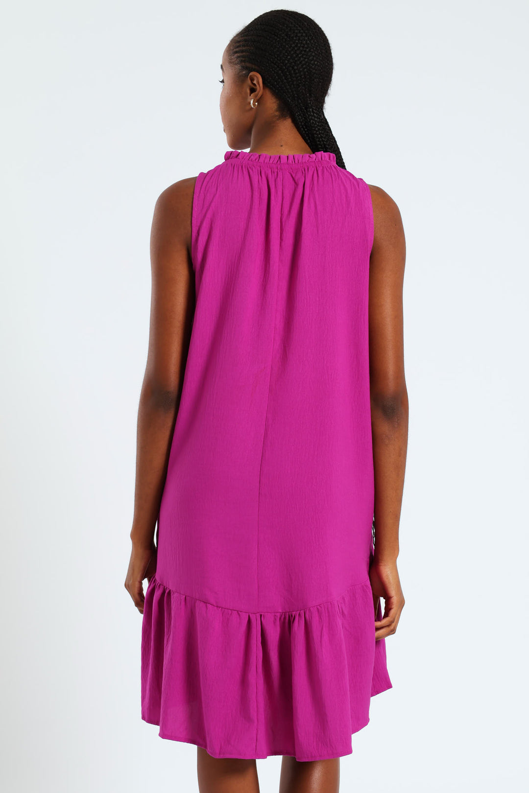 Frill Neck Drop Hem Dress - Fuchsia Purple