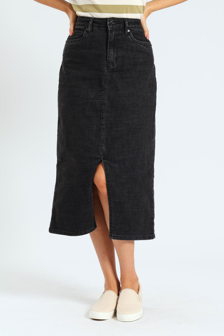 Classic Front Slit Denim Midi Skirt - Charcoal