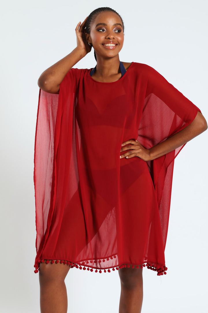 Chiffon Pull Over Poncho - Burgundy