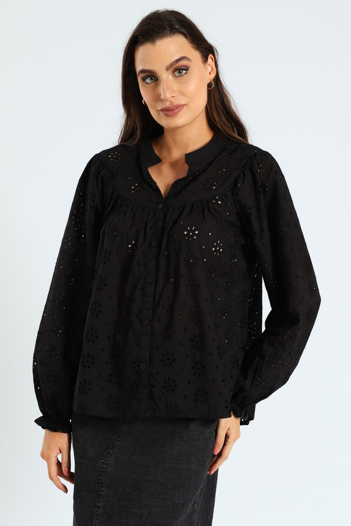 Long Sleeve Button Through Anglaise Blouse - Black