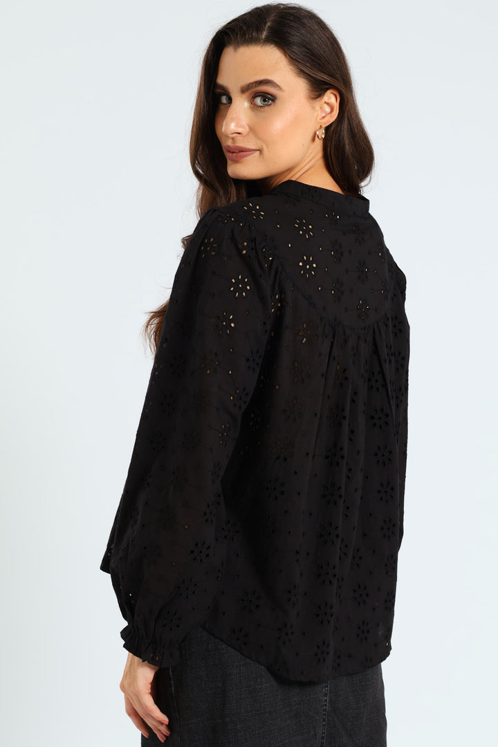 Long Sleeve Button Through Anglaise Blouse - Black