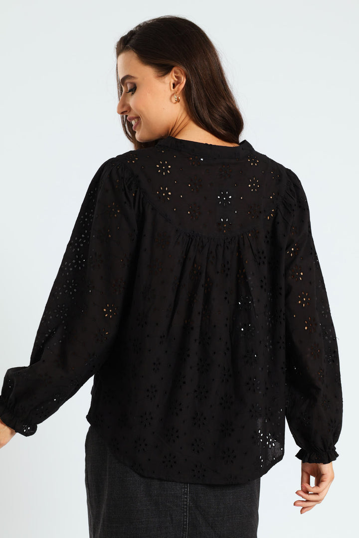 Long Sleeve Button Through Anglaise Blouse - Black