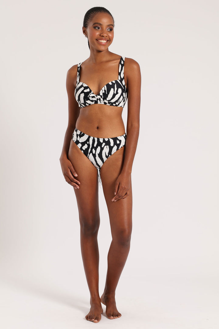 Printed Padded Twist Bikini Top - Black