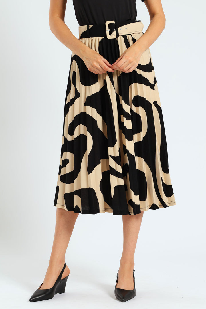 Covered Belted Pleated Skirt - Black/Beige