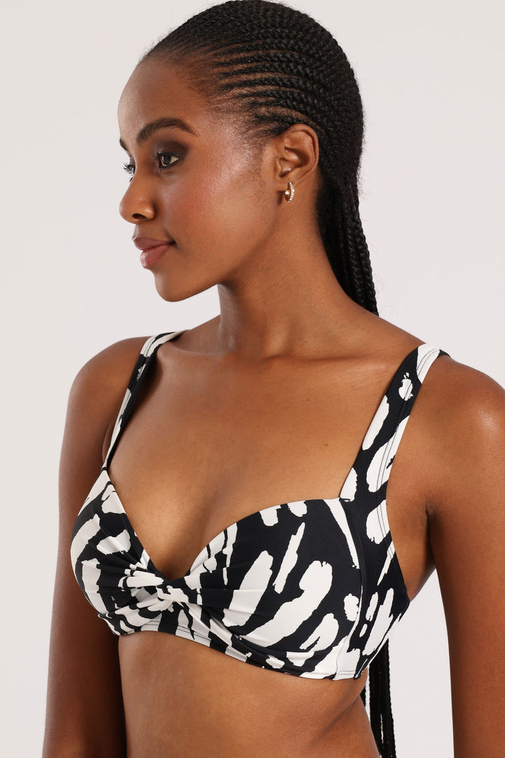 Printed Padded Twist Bikini Top - Black