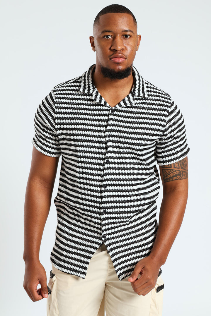 Stripe Crochet Knit Shirt - Black