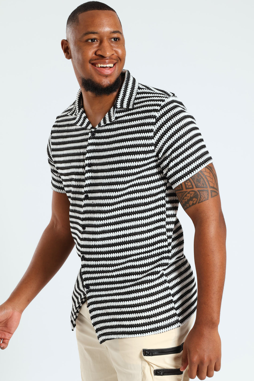 Stripe Crochet Knit Shirt - Black