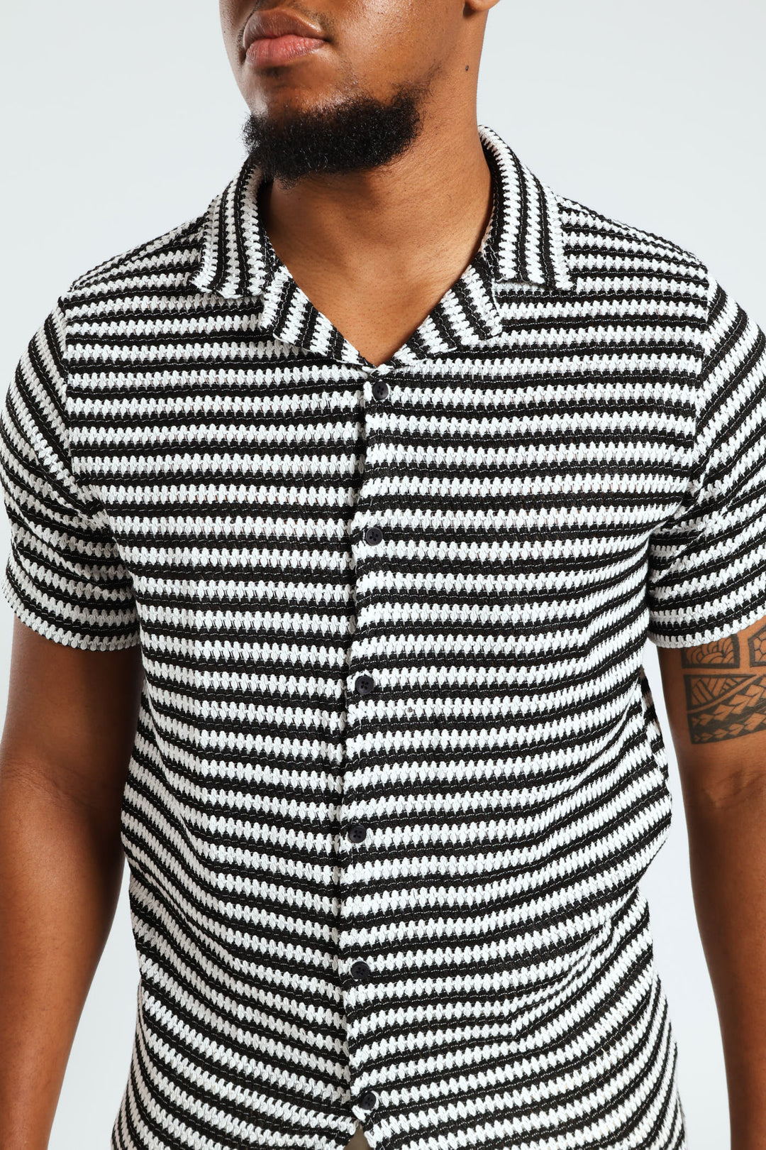 Stripe Crochet Knit Shirt - Black