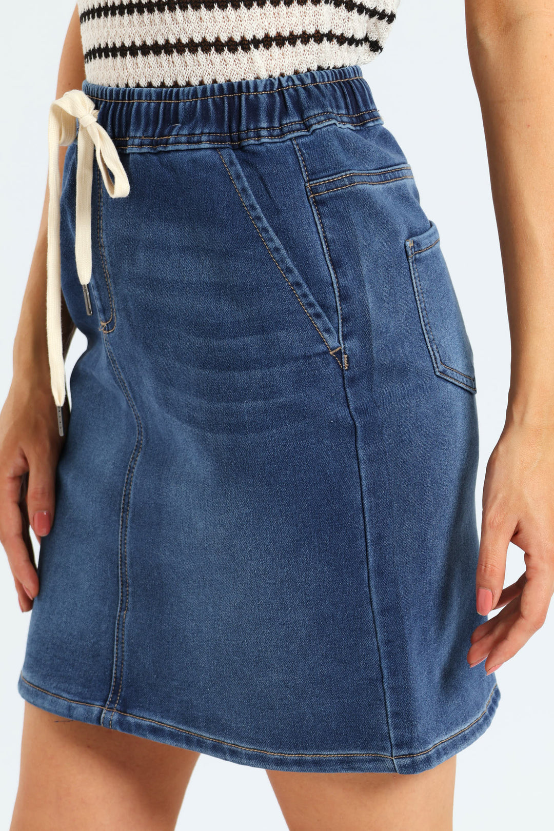 Jogger Detail Knit Denim Mini Skirt - Med Wash