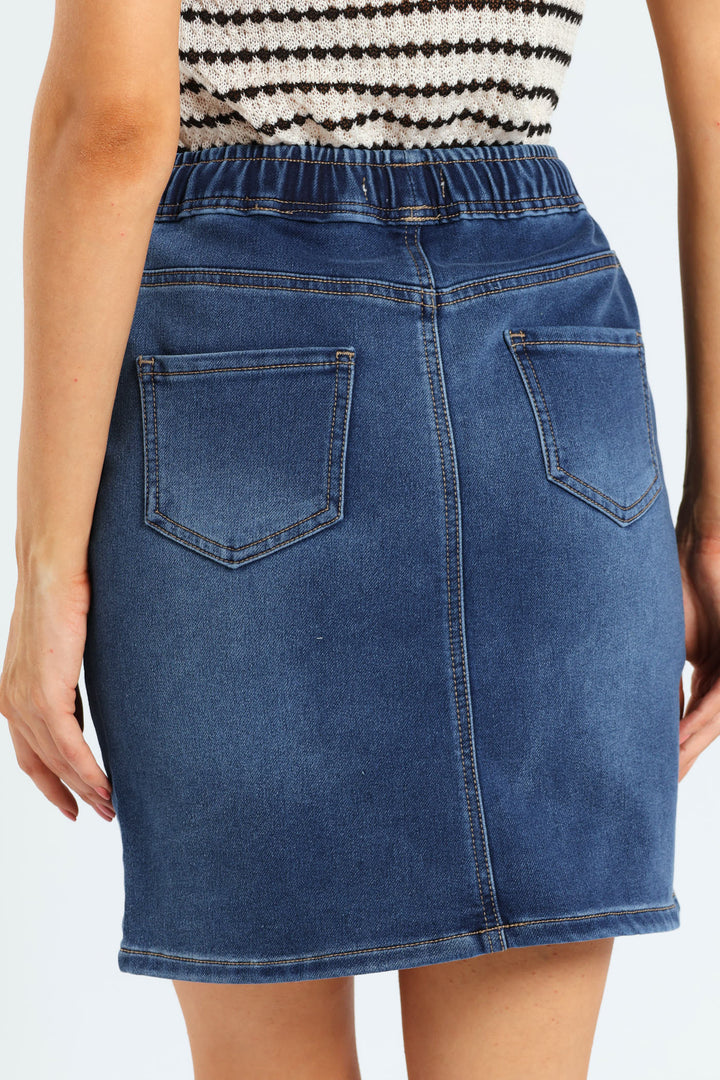 Jogger Detail Knit Denim Mini Skirt - Med Wash