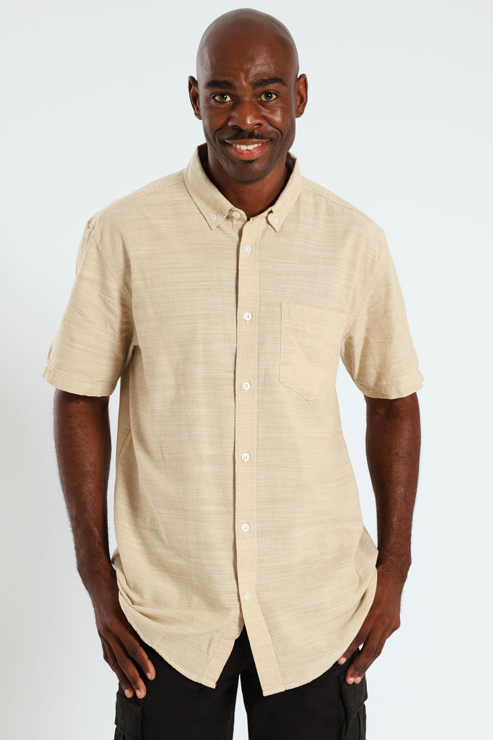 Plain Button Down Cotton Slub Shirt - Stone