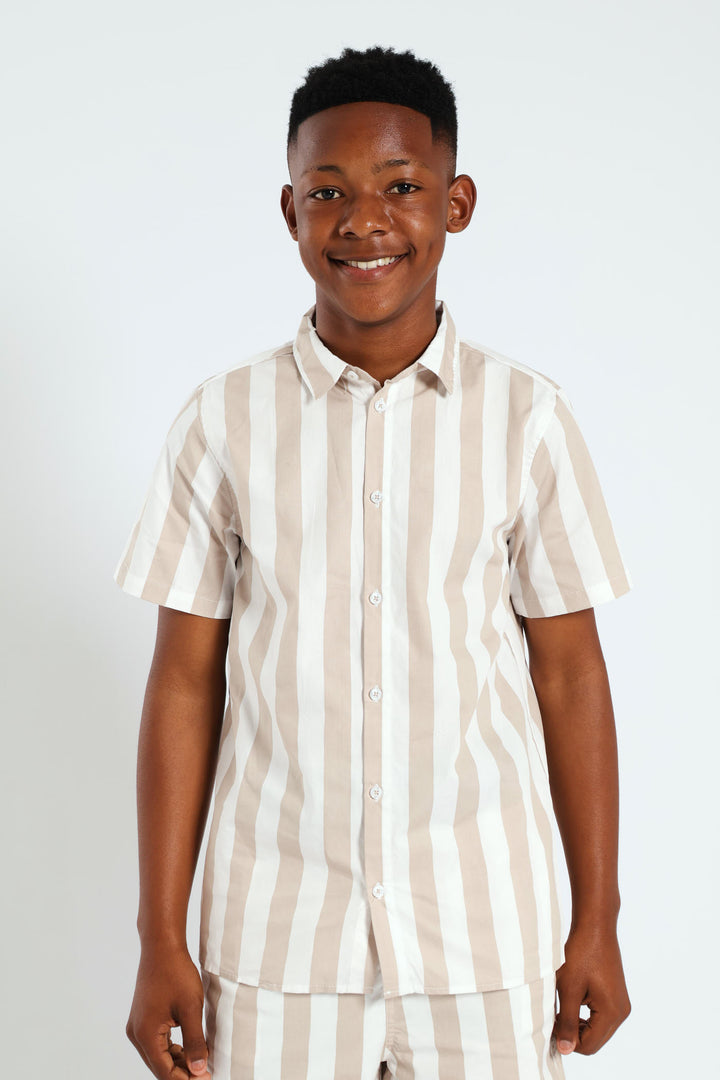 Boys Stripe Cotton Shirt - Stone