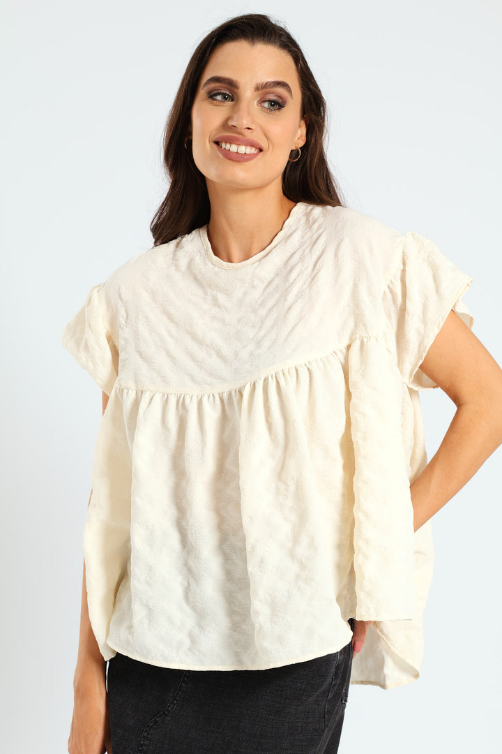 Frill Sleeve Textured Babydoll Top - Cream