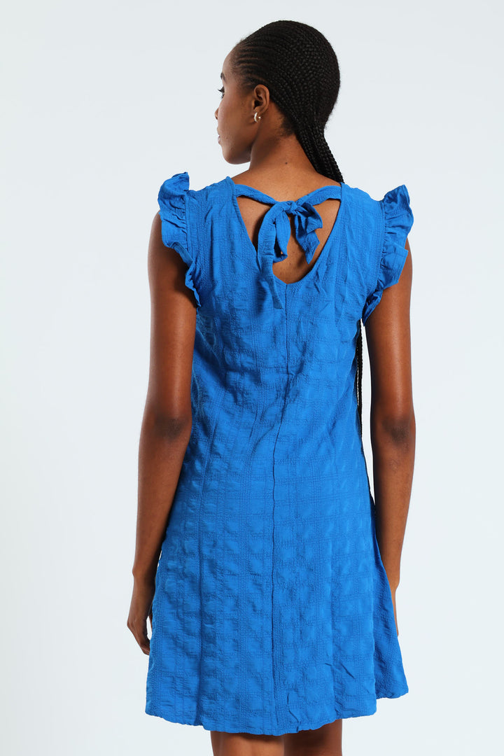 Frill Sleeve V-Neck Textured Mini Shift Dress - Cobalt