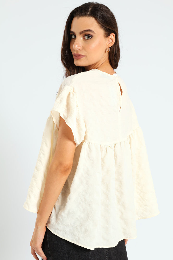 Frill Sleeve Textured Babydoll Top - Cream