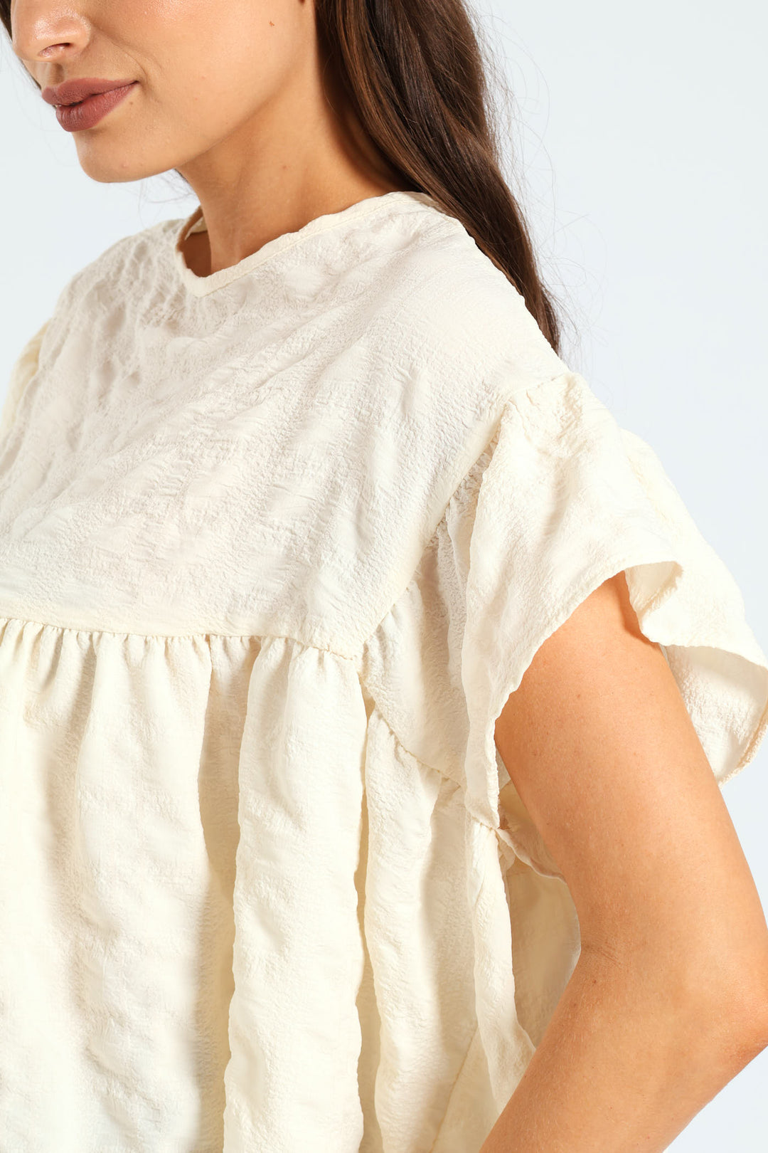 Frill Sleeve Textured Babydoll Top - Cream