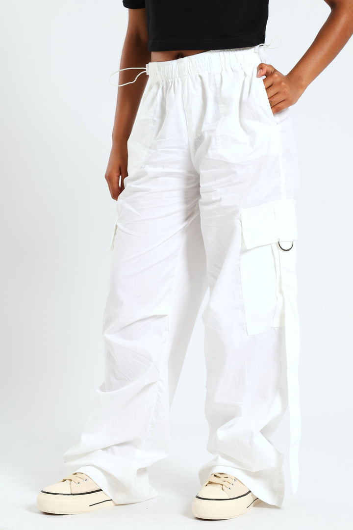 Girls Belted Parachute Pants - White