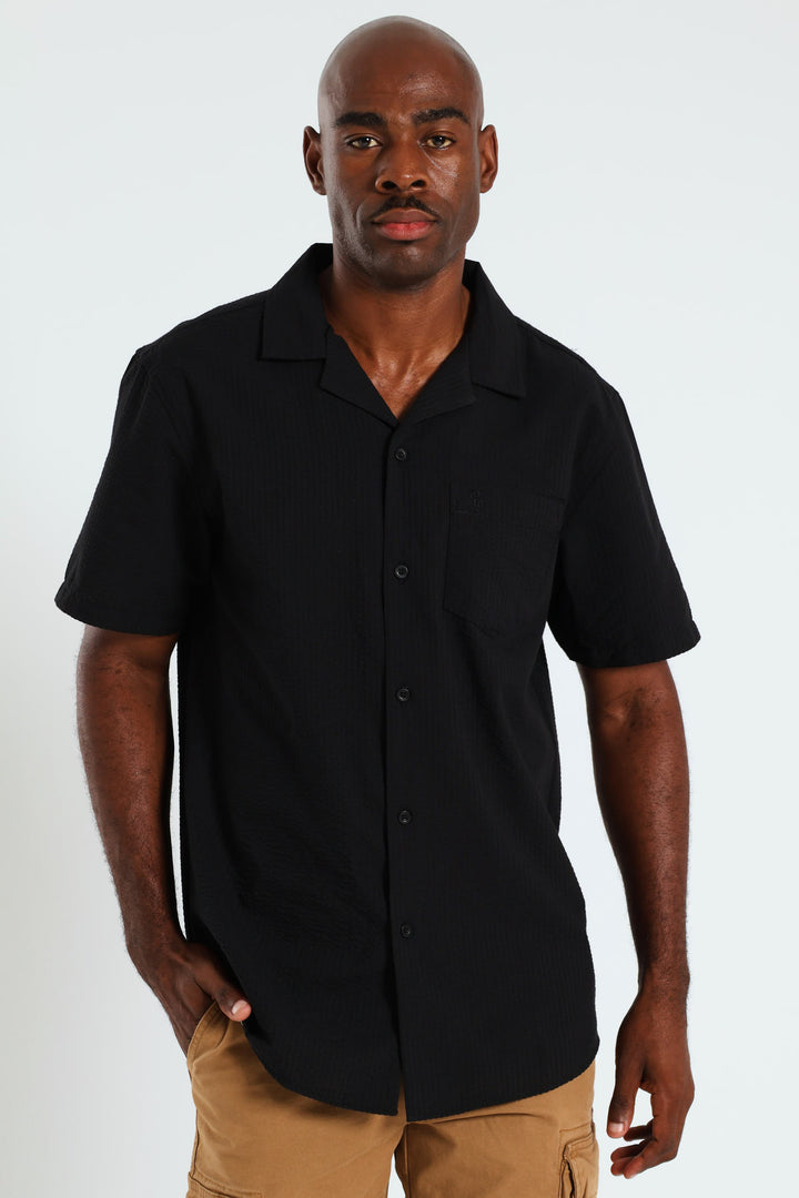 Short Sleeve Revere Seersucker Shirt - Black