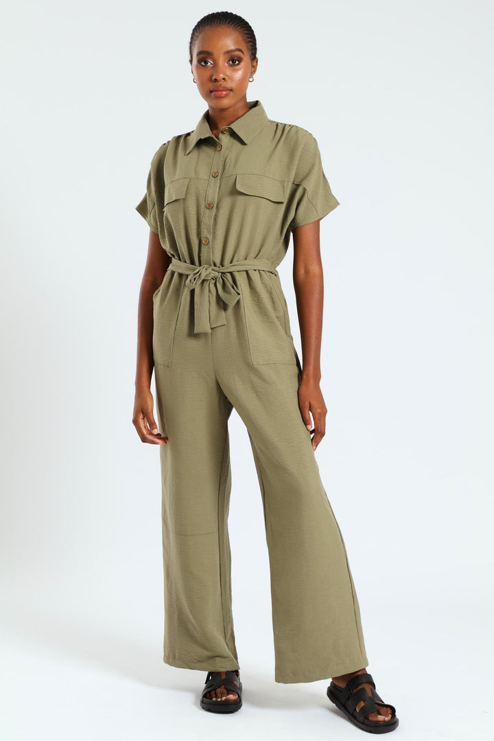 Sleveless Belted Button Through Utility Jumpsuit - Fern Green