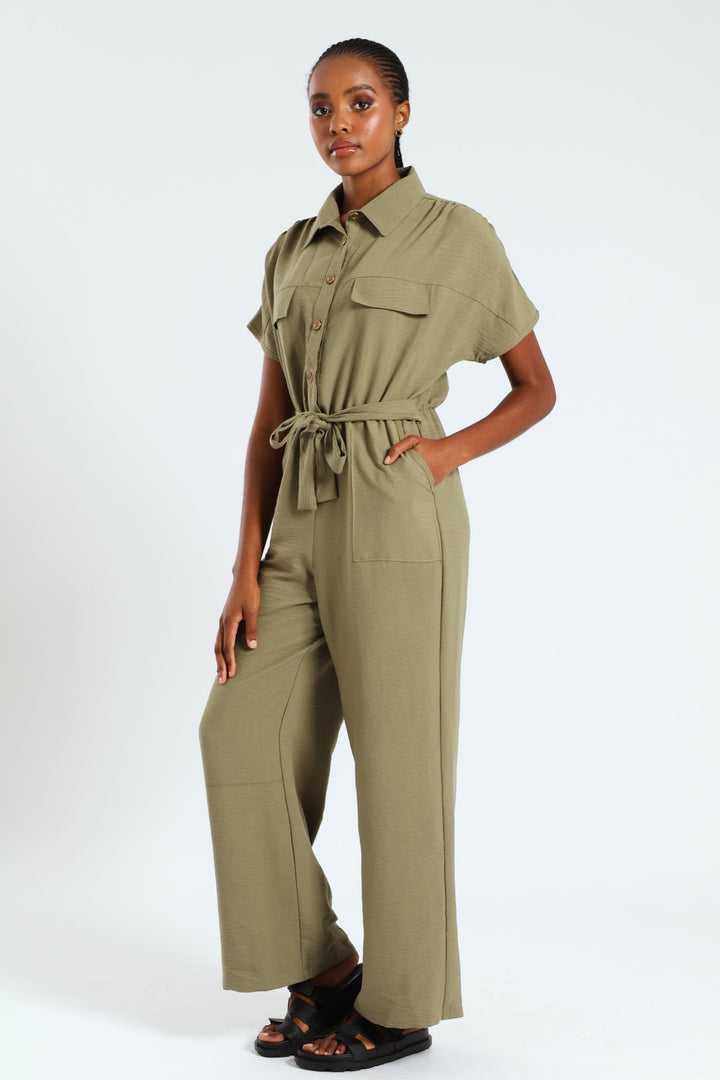 Sleveless Belted Button Through Utility Jumpsuit - Fern Green