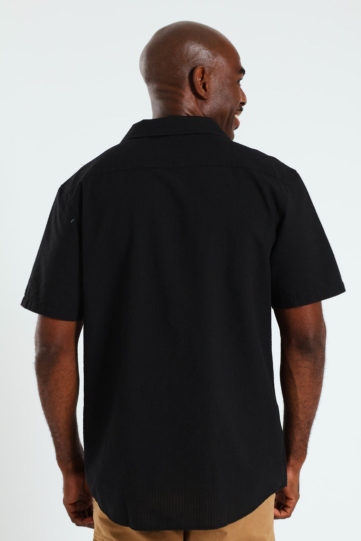 Short Sleeve Revere Seersucker Shirt - Black