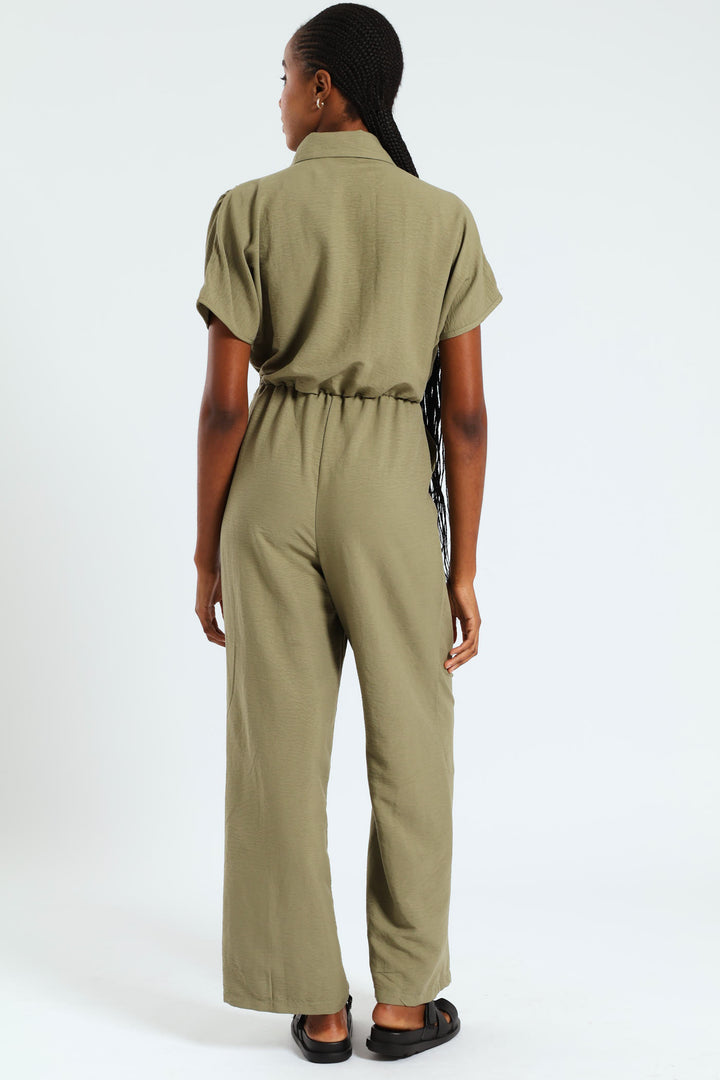 Sleveless Belted Button Through Utility Jumpsuit - Fern Green