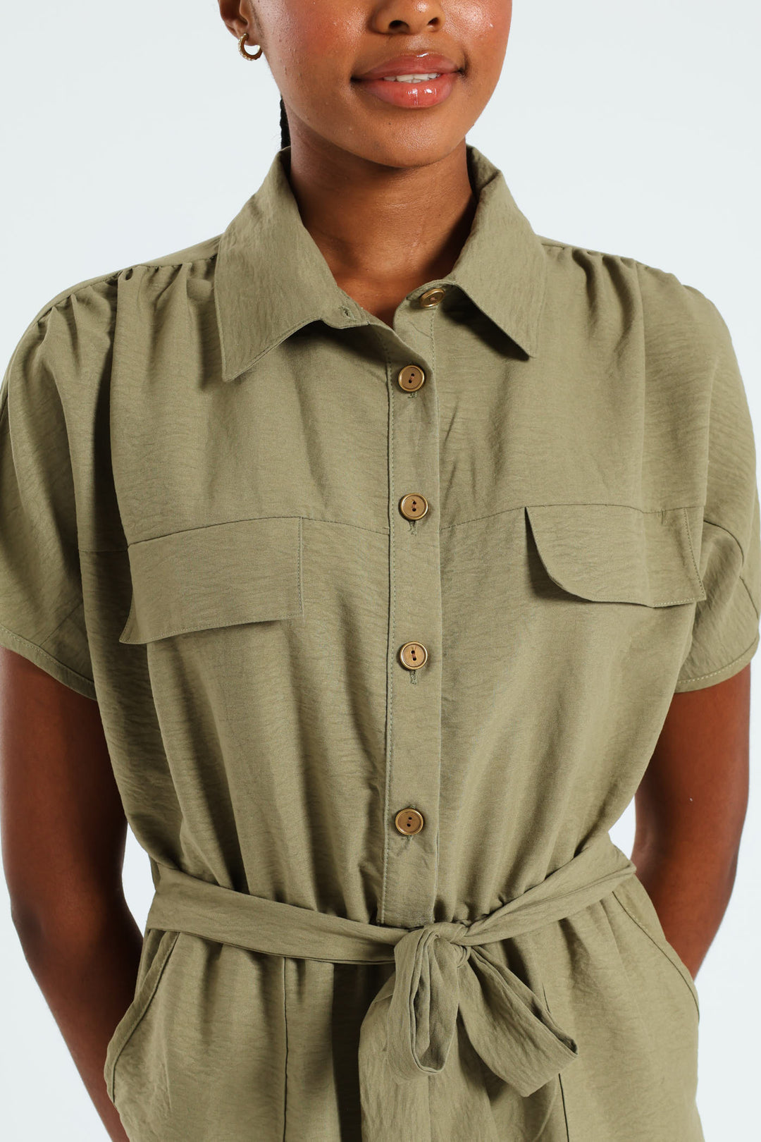 Sleveless Belted Button Through Utility Jumpsuit - Fern Green