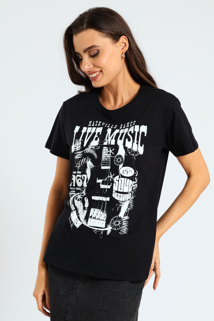 Short Sleeve Live Music Guitar Tee - Black