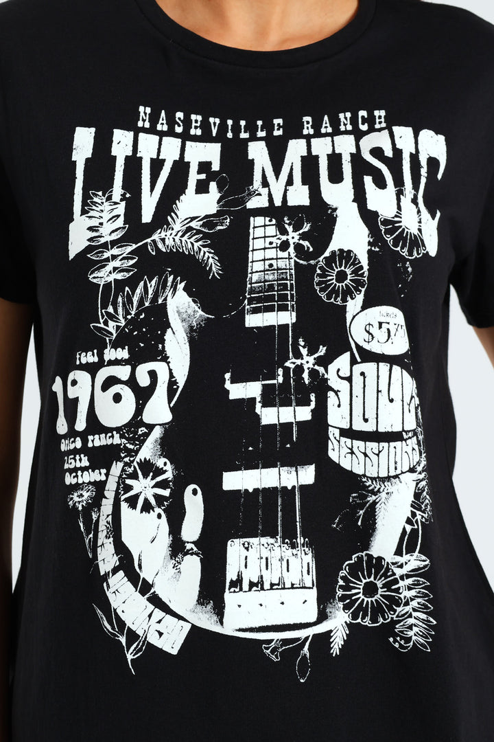 Short Sleeve Live Music Guitar Tee - Black