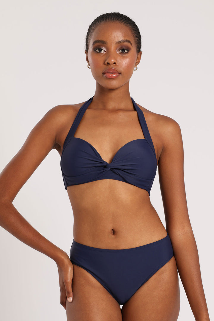 Plain Padded Halter Twist Bikini Top - Navy