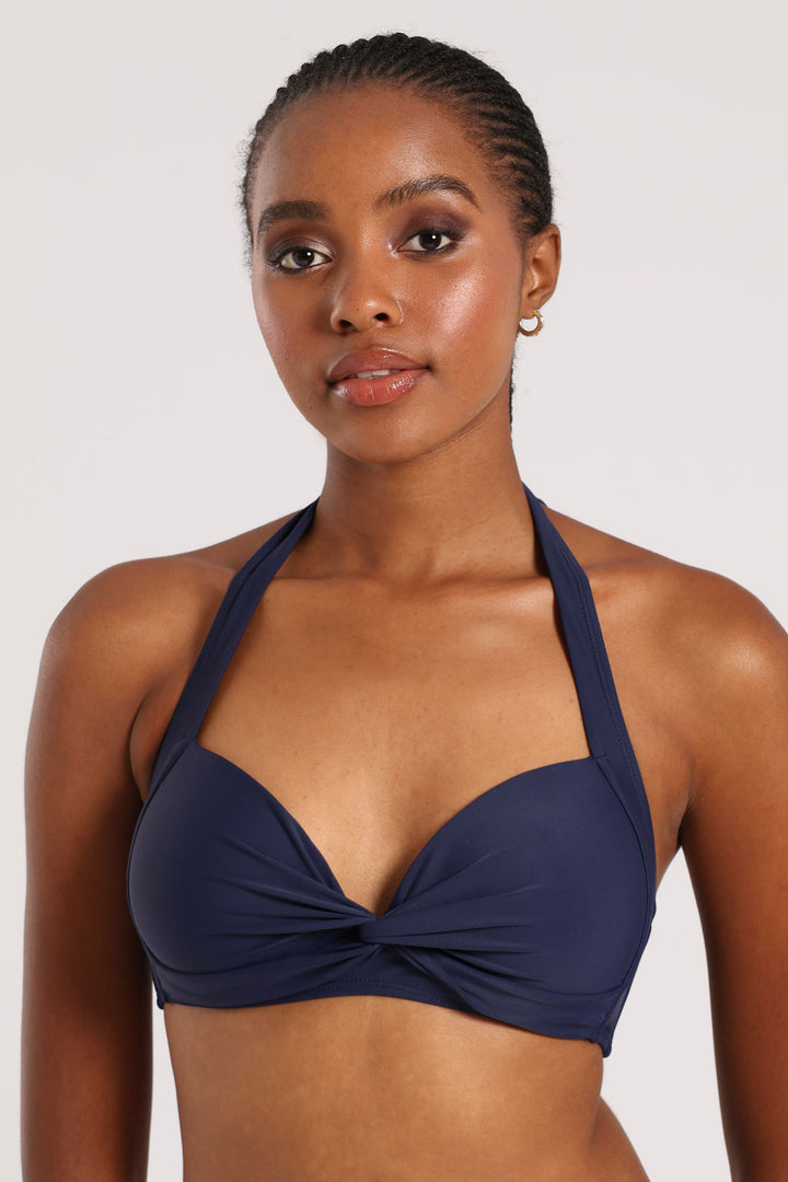 Plain Padded Halter Twist Bikini Top - Navy