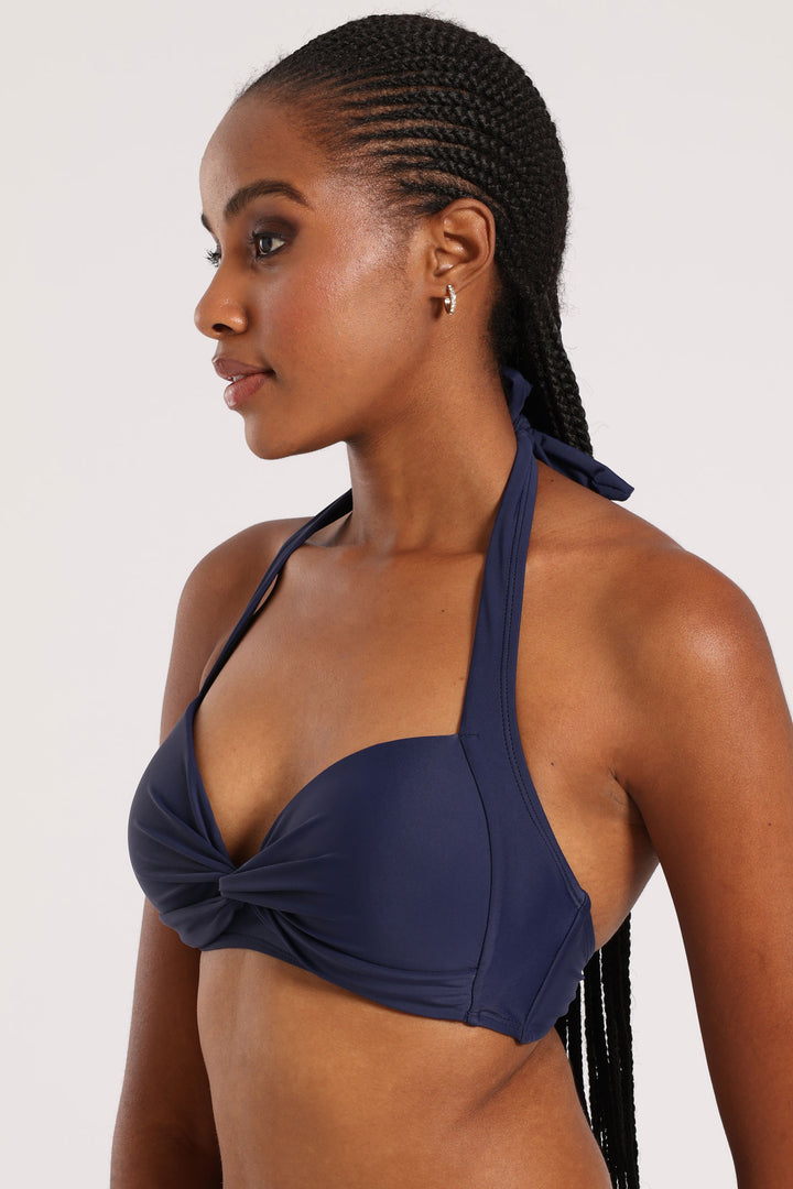 Plain Padded Halter Twist Bikini Top - Navy