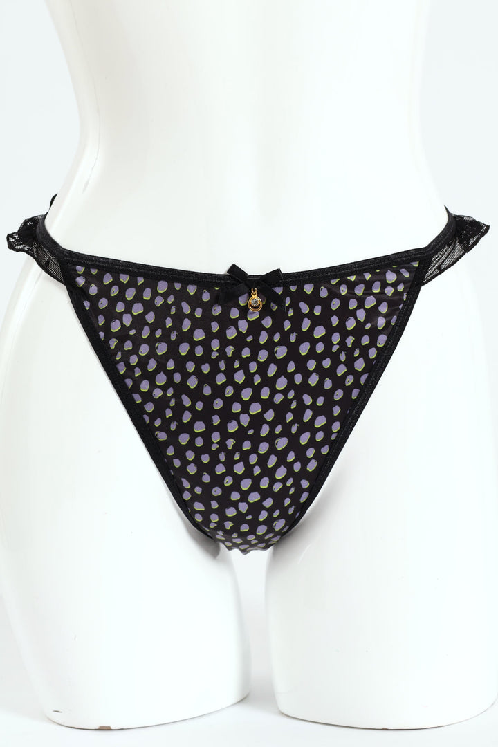 Spot Printed Microfibre & Lace Thong Panty - Black