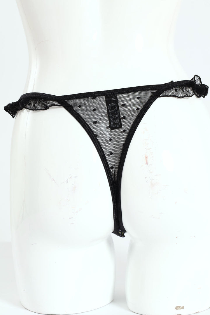 Spot Printed Microfibre & Lace Thong Panty - Black