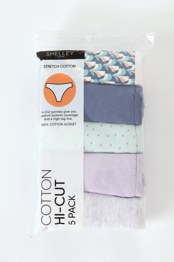 5 Pack Cotton Stretch Hicut Panties - Tri Leaf/Blue/Dot/Purple/Grey