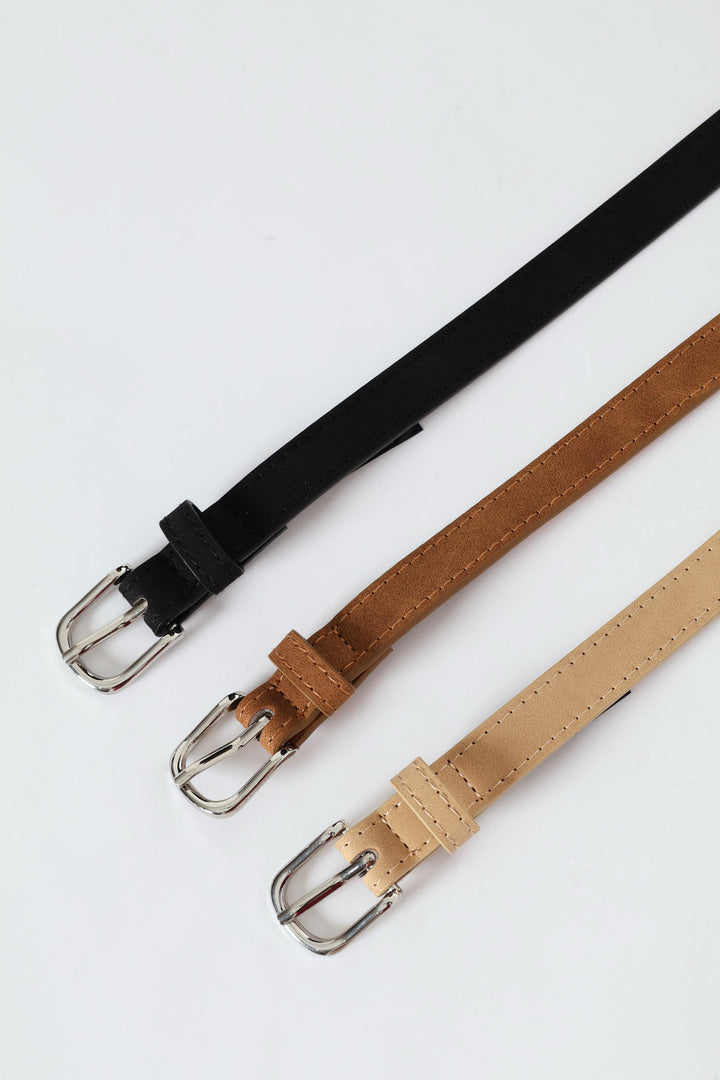 3 Pack Silver Square Buckle Belts - Beige/Tan/Black